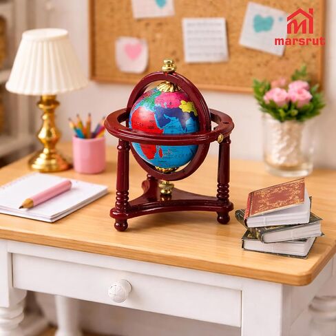 4pcs 1/12 Miniature Dollhouse Globe & Books, Mini World Globe, Rotatable/Rolling Tiny Earth Globes Model with Floor Stand, Small Scale Diorama Accessories for Doll House Decoration, Reddish Brown in Saudi Arabia