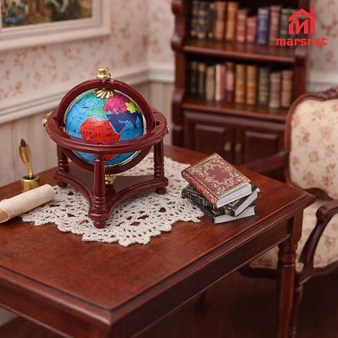 4pcs 1/12 Miniature Dollhouse Globe & Books, Mini World Globe, Rotatable/Rolling Tiny Earth Globes Model with Floor Stand, Small Scale Diorama Accessories for Doll House Decoration, Reddish Brown in Saudi Arabia