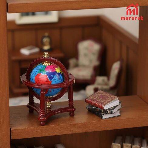 4pcs 1/12 Miniature Dollhouse Globe & Books, Mini World Globe, Rotatable/Rolling Tiny Earth Globes Model with Floor Stand, Small Scale Diorama Accessories for Doll House Decoration, Reddish Brown in Saudi Arabia