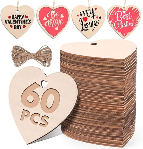 60 قطعة من القلوب الخشبية للحرف اليدوية، شرائح خشب القلب الطبيعي للطلاء، 3 بوصة من قلوب الخشب DIY لتزيين الفراغات لعيد الحب. قطع قلب خشبية غير مكتملة مثقوبة مسبقًا لعلامات الزفاف والديكور in Kuwait
