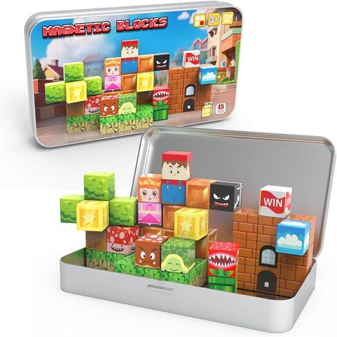 مكعبات مغناطيسية صغيرة، 45 قطعة من مكعبات البناء المغناطيسية للسفر مع صندوق حديد، صندوق ألعاب مغناطيسي للأطفال الصغار، ألعاب البناء التعليمية مونتيسوري، هدايا عيد ميلاد للأولاد والبنات. in Kuwait