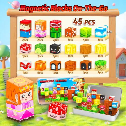 مكعبات مغناطيسية صغيرة، 45 قطعة من مكعبات البناء المغناطيسية للسفر مع صندوق حديد، صندوق ألعاب مغناطيسي للأطفال الصغار، ألعاب البناء التعليمية مونتيسوري، هدايا عيد ميلاد للأولاد والبنات. in Kuwait