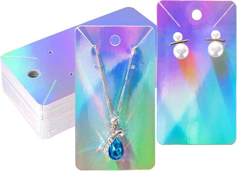 joycraft Earring Display Cards - 100Pcs Holographic Necklace Display Cards, 3.5x2 In White Paper Jewelry Card for Selling, Packaging, Small Business, Craft Fair in Saudi Arabia