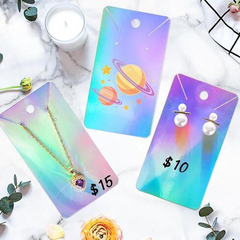 joycraft Earring Display Cards - 100Pcs Holographic Necklace Display Cards, 3.5x2 In White Paper Jewelry Card for Selling, Packaging, Small Business, Craft Fair in Saudi Arabia