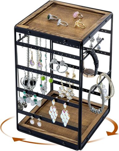 MyGift 360 Rotating Black Metal and Solid Wood Jewelry Organizer Stand – Urban Modern All-in-One Display Holder for Earrings, Necklaces, Bracelets, Rings & Watches in Saudi Arabia