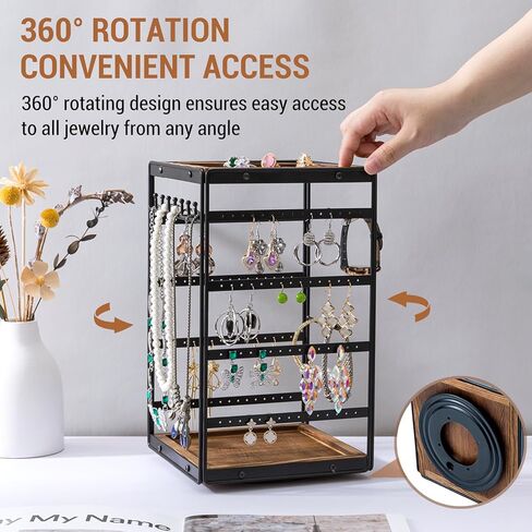 MyGift 360 Rotating Black Metal and Solid Wood Jewelry Organizer Stand – Urban Modern All-in-One Display Holder for Earrings, Necklaces, Bracelets, Rings & Watches in Saudi Arabia