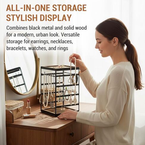 MyGift 360 Rotating Black Metal and Solid Wood Jewelry Organizer Stand – Urban Modern All-in-One Display Holder for Earrings, Necklaces, Bracelets, Rings & Watches in Saudi Arabia