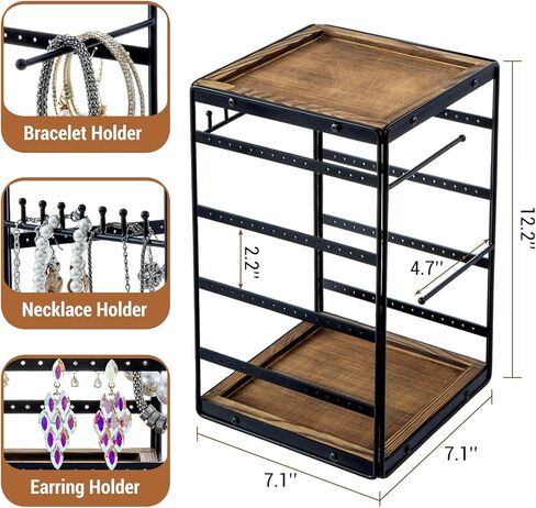 MyGift 360 Rotating Black Metal and Solid Wood Jewelry Organizer Stand – Urban Modern All-in-One Display Holder for Earrings, Necklaces, Bracelets, Rings & Watches in Saudi Arabia