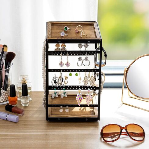 MyGift 360 Rotating Black Metal and Solid Wood Jewelry Organizer Stand – Urban Modern All-in-One Display Holder for Earrings, Necklaces, Bracelets, Rings & Watches in Saudi Arabia