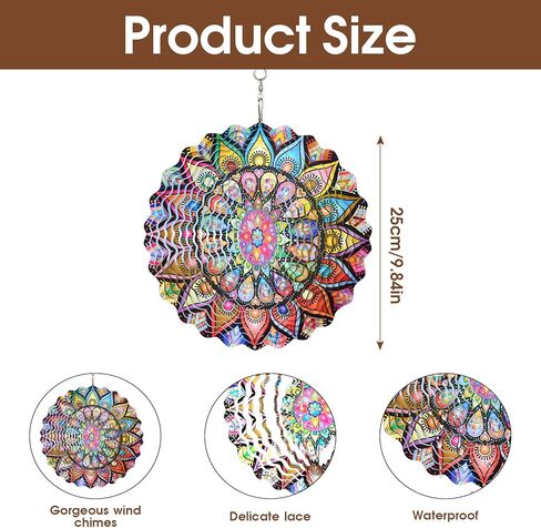يو سين كاي الفولاذ المقاوم للصدأ الرياح الدوار، داخلي في الهواء الطلق حديقة الديكور الحرف الحلي 9.84 بوصة متعددة الألوان ماندالا الرياح المغازل، 3D الحركية شنقا النحت in Kuwait