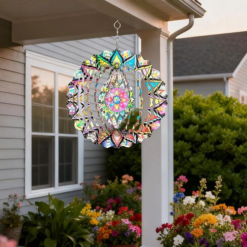 يو سين كاي الفولاذ المقاوم للصدأ الرياح الدوار، داخلي في الهواء الطلق حديقة الديكور الحرف الحلي 9.84 بوصة متعددة الألوان ماندالا الرياح المغازل، 3D الحركية شنقا النحت in Kuwait