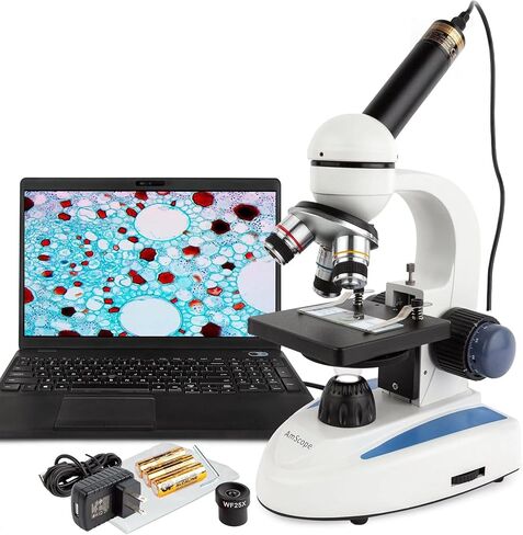 AmScope M158C-E Compound Monocular Microscope, WF10x and WF25x Eyepieces, 40x-1000x Magnification, Brightfield, LED Illumination, Plain Stage, 110V, Includes 0.3MP Camera and Software in Saudi Arabia