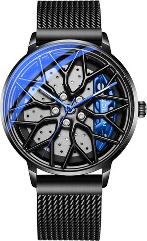 SOLLEN Car Watches for Men, Spinning Car Wheel Rim Watch, Casual Waterproof Men's Wrist Watch with Japanese Quartz & Luminous Function, Gift for Adults, Car Enthusiast - 42.5mm in Saudi Arabia
