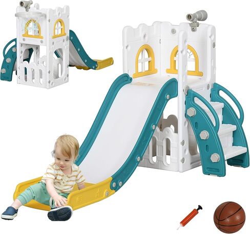 Qaba 5 in 1 Toddler Slide, Indoor Kids Slide for 1-3 Years Old, Climber Freestanding Playset with Basketball Hoop, Telescope & Storage Basket, Yellow in Saudi Arabia