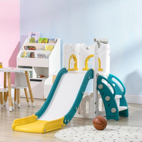Qaba 5 in 1 Toddler Slide, Indoor Kids Slide for 1-3 Years Old, Climber Freestanding Playset with Basketball Hoop, Telescope & Storage Basket, Yellow in Saudi Arabia