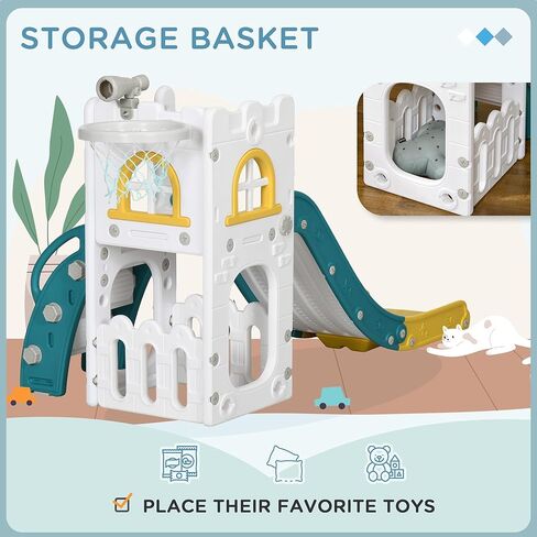 Qaba 5 in 1 Toddler Slide, Indoor Kids Slide for 1-3 Years Old, Climber Freestanding Playset with Basketball Hoop, Telescope & Storage Basket, Yellow in Saudi Arabia