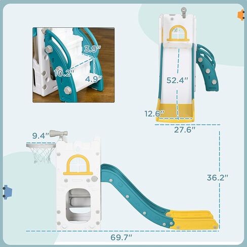 Qaba 5 in 1 Toddler Slide, Indoor Kids Slide for 1-3 Years Old, Climber Freestanding Playset with Basketball Hoop, Telescope & Storage Basket, Yellow in Saudi Arabia