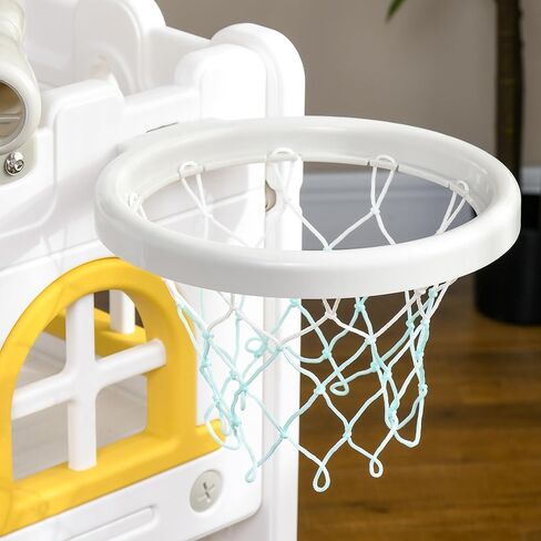 Qaba 5 in 1 Toddler Slide, Indoor Kids Slide for 1-3 Years Old, Climber Freestanding Playset with Basketball Hoop, Telescope & Storage Basket, Yellow in Saudi Arabia