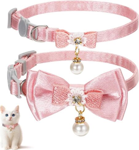 Jeffdad 2Pcs Cat Collar Breakaway, Pink Bowtie Cat Collar with Pearl Pendant Quick Release Safe Buckle Cute Cat Collars for Girl Cat in Saudi Arabia