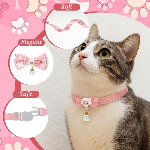 Jeffdad 2Pcs Cat Collar Breakaway, Pink Bowtie Cat Collar with Pearl Pendant Quick Release Safe Buckle Cute Cat Collars for Girl Cat in Saudi Arabia