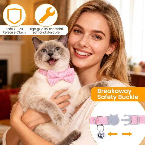 Breakaway Cat Collar with Bow Tie and Bell Cotton Soft Corduroy Kitten Bowtie Collar Adjustable Cute Kitten Cat Collars for Female Cats, Safe Release Buckle, Pink in Kuwait