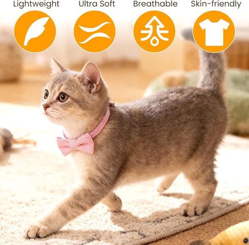Breakaway Cat Collar with Bow Tie and Bell Cotton Soft Corduroy Kitten Bowtie Collar Adjustable Cute Kitten Cat Collars for Female Cats, Safe Release Buckle, Pink in Kuwait