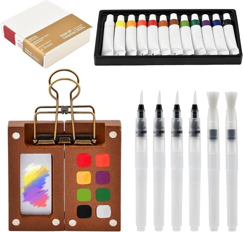 Pocket Artist Watercolor Travel Set, Mini Watercolor Palette Collection(8 Grids), Portable Kit Paint, Brush, Sketchbook & Copper Clip for Artists, Outdoor Sketchers & Beginners in Kuwait