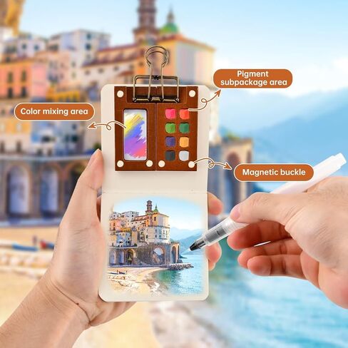 Pocket Artist Watercolor Travel Set, Mini Watercolor Palette Collection(8 Grids), Portable Kit Paint, Brush, Sketchbook & Copper Clip for Artists, Outdoor Sketchers & Beginners in Kuwait