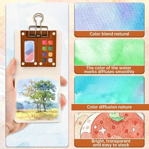 Pocket Artist Watercolor Travel Set, Mini Watercolor Palette Collection(8 Grids), Portable Kit Paint, Brush, Sketchbook & Copper Clip for Artists, Outdoor Sketchers & Beginners in Kuwait