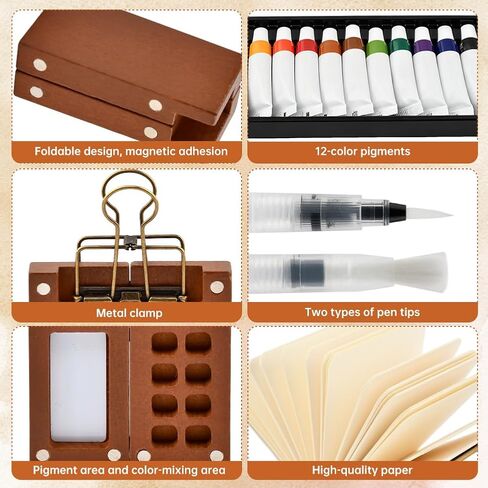 Pocket Artist Watercolor Travel Set, Mini Watercolor Palette Collection(8 Grids), Portable Kit Paint, Brush, Sketchbook & Copper Clip for Artists, Outdoor Sketchers & Beginners in Kuwait