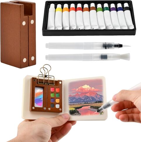 Pocket Artist Watercolor Travel Set, Mini Watercolor Palette Collection(8 Grids), Portable Kit Paint, Brush, Sketchbook & Copper Clip for Artists, Outdoor Sketchers & Beginners in Kuwait