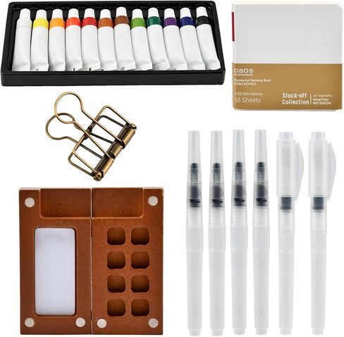 Pocket Artist Watercolor Travel Set, Mini Watercolor Palette Collection(8 Grids), Portable Kit Paint, Brush, Sketchbook & Copper Clip for Artists, Outdoor Sketchers & Beginners in Kuwait