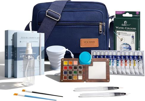 مجموعة ألوان مائية صغيرة للسفر - مجموعة ألوان مائية مكونة من 12 لونًا و15 شبكة صغيرة محمولة مع حقيبة وكوب منظف وكتابي رسم ومشبك للرسم الخارجي والمبتدئين والفنانين in Kuwait