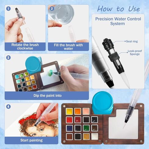 مجموعة ألوان مائية صغيرة للسفر - مجموعة ألوان مائية مكونة من 12 لونًا و15 شبكة صغيرة محمولة مع حقيبة وكوب منظف وكتابي رسم ومشبك للرسم الخارجي والمبتدئين والفنانين in Kuwait
