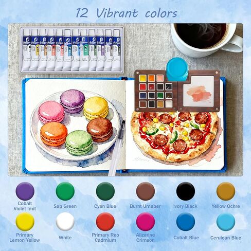 مجموعة ألوان مائية صغيرة للسفر - مجموعة ألوان مائية مكونة من 12 لونًا و15 شبكة صغيرة محمولة مع حقيبة وكوب منظف وكتابي رسم ومشبك للرسم الخارجي والمبتدئين والفنانين in Kuwait