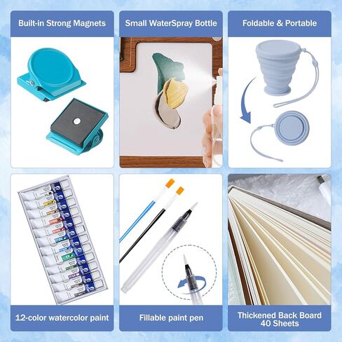 مجموعة ألوان مائية صغيرة للسفر - مجموعة ألوان مائية مكونة من 12 لونًا و15 شبكة صغيرة محمولة مع حقيبة وكوب منظف وكتابي رسم ومشبك للرسم الخارجي والمبتدئين والفنانين in Kuwait