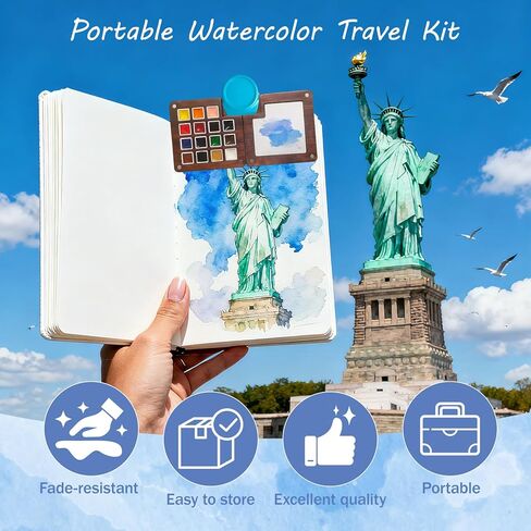 مجموعة ألوان مائية صغيرة للسفر - مجموعة ألوان مائية مكونة من 12 لونًا و15 شبكة صغيرة محمولة مع حقيبة وكوب منظف وكتابي رسم ومشبك للرسم الخارجي والمبتدئين والفنانين in Kuwait