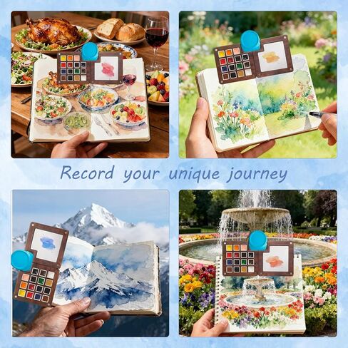 مجموعة ألوان مائية صغيرة للسفر - مجموعة ألوان مائية مكونة من 12 لونًا و15 شبكة صغيرة محمولة مع حقيبة وكوب منظف وكتابي رسم ومشبك للرسم الخارجي والمبتدئين والفنانين in Kuwait