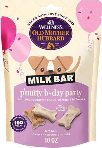 Wellness Old Mother Hubbard Milk Bar P'Nutty B-Day Party، حلوى الكلاب الصغيرة، بسكويت زبدة الفول السوداني المقرمشة مع ثلج عيد الميلاد (حقيبة 10 أونصة) in Saudi Arabia