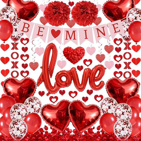 مجموعة زينة عيد الحب الحمراء مكونة من 67 قطعة، لافتة BE MINE، بالونات حب من رقائق معدنية، أكاليل الحب على شكل قلب XO، 500 قطعة من بتلات الورد، دوامات معلقة، مجموعة مجمعة مسبقًا للحفلات والمنزل وحفلات الزفاف والمكتب in Saudi Arabia