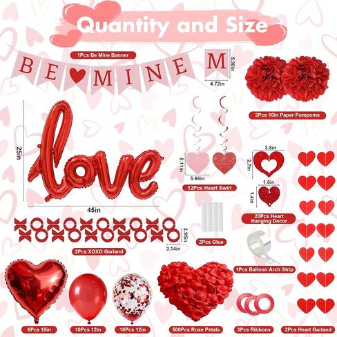 مجموعة زينة عيد الحب الحمراء مكونة من 67 قطعة، لافتة BE MINE، بالونات حب من رقائق معدنية، أكاليل الحب على شكل قلب XO، 500 قطعة من بتلات الورد، دوامات معلقة، مجموعة مجمعة مسبقًا للحفلات والمنزل وحفلات الزفاف والمكتب in Saudi Arabia