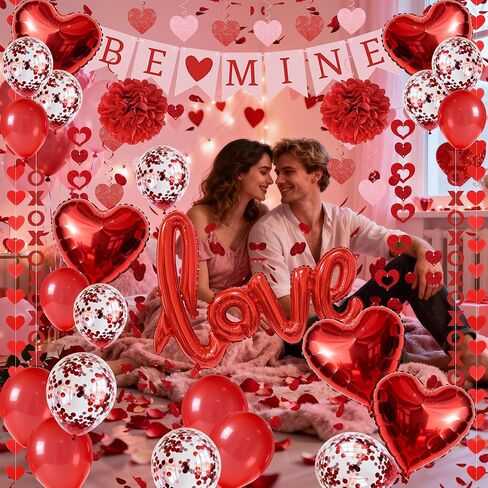 مجموعة زينة عيد الحب الحمراء مكونة من 67 قطعة، لافتة BE MINE، بالونات حب من رقائق معدنية، أكاليل الحب على شكل قلب XO، 500 قطعة من بتلات الورد، دوامات معلقة، مجموعة مجمعة مسبقًا للحفلات والمنزل وحفلات الزفاف والمكتب in Saudi Arabia