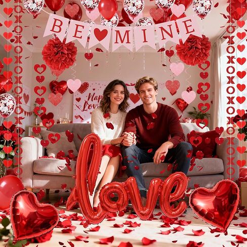 مجموعة زينة عيد الحب الحمراء مكونة من 67 قطعة، لافتة BE MINE، بالونات حب من رقائق معدنية، أكاليل الحب على شكل قلب XO، 500 قطعة من بتلات الورد، دوامات معلقة، مجموعة مجمعة مسبقًا للحفلات والمنزل وحفلات الزفاف والمكتب in Saudi Arabia