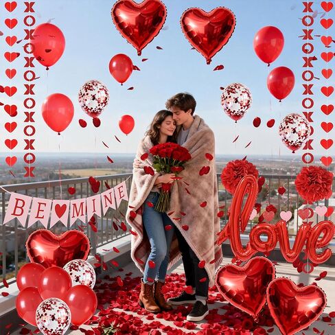 مجموعة زينة عيد الحب الحمراء مكونة من 67 قطعة، لافتة BE MINE، بالونات حب من رقائق معدنية، أكاليل الحب على شكل قلب XO، 500 قطعة من بتلات الورد، دوامات معلقة، مجموعة مجمعة مسبقًا للحفلات والمنزل وحفلات الزفاف والمكتب in Saudi Arabia