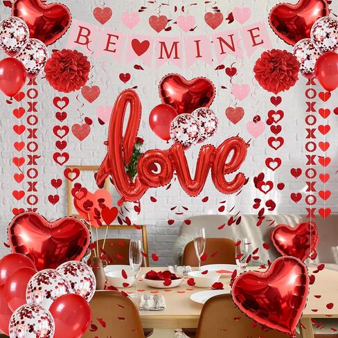 مجموعة زينة عيد الحب الحمراء مكونة من 67 قطعة، لافتة BE MINE، بالونات حب من رقائق معدنية، أكاليل الحب على شكل قلب XO، 500 قطعة من بتلات الورد، دوامات معلقة، مجموعة مجمعة مسبقًا للحفلات والمنزل وحفلات الزفاف والمكتب in Saudi Arabia