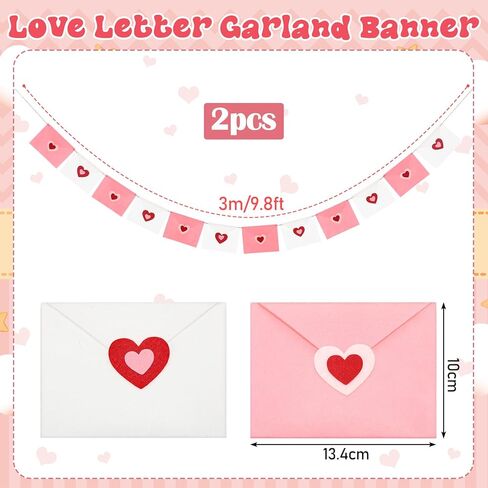 2 Pcs 19.7 ft Valentine Decoration Love Letter Garland Felt Love Heart Envelope Hanging Banner 6 Ft for Mantel Romantic Anniversary Engagement Wedding Garland Party Supplies(Pink and White) in Saudi Arabia