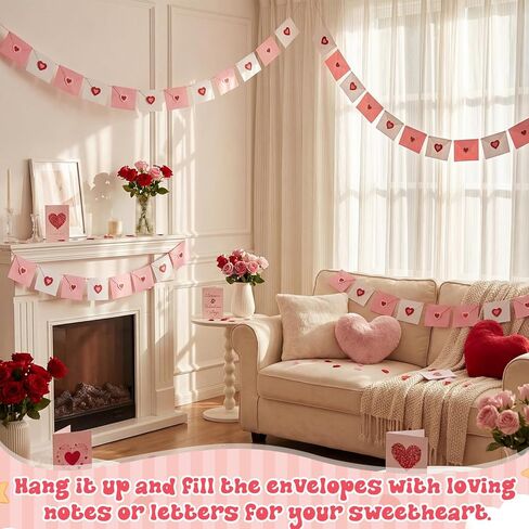 2 Pcs 19.7 ft Valentine Decoration Love Letter Garland Felt Love Heart Envelope Hanging Banner 6 Ft for Mantel Romantic Anniversary Engagement Wedding Garland Party Supplies(Pink and White) in Saudi Arabia