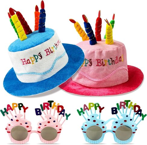 2 Pack Plush Birthday Hat, Unisex Adult Size Party Hats Accessories with 2 Pcs Sweet Cream Glasses for Birthday Party, Blue and Pink in Kuwait