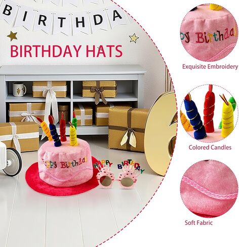2 Pack Plush Birthday Hat, Unisex Adult Size Party Hats Accessories with 2 Pcs Sweet Cream Glasses for Birthday Party, Blue and Pink in Kuwait