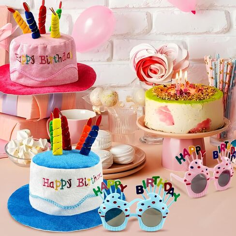 2 Pack Plush Birthday Hat, Unisex Adult Size Party Hats Accessories with 2 Pcs Sweet Cream Glasses for Birthday Party, Blue and Pink in Kuwait